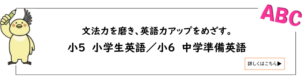 文法力を磨き、英語力アップをめざす。　小5 小学生英語／小6 中学準備英語 詳しくはこちら