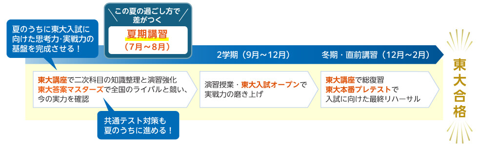 この夏の過ごし方で差がつく 夏期講習（7月～8月） 東大講座で二次科目の知識整理と演習強化 東大答案マスターズで全国のライバルと競い、今の実力を確認 夏のうちに東大入試に向けた思考力・実戦力の基盤を完成させる！ 共通テスト対策も夏のうちに進める！ 2学期（9月～12月） 演習授業・東大入試オープンで実戦力の磨き上げ 冬期・直前講習（12月～2月） 東大講座で総復習 東大本番プレテストで入試に向けた最終リハーサル 東大合格