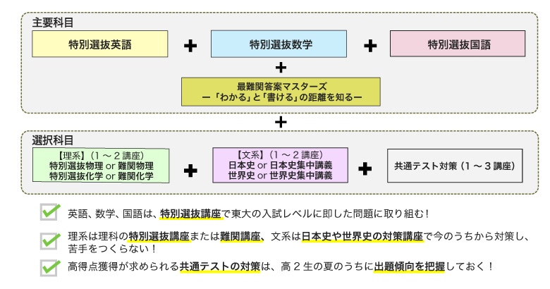 [特別選抜英語＋特別選抜数学＋特別選抜国語]＋最難関答案マスターズー「わかる」と「書ける」の距離を知るー＋【理系】（1～2講座）特別選抜物理or難関物理 特別選抜化学or難関化学 ＋ 【文系】（1～2講座）日本史or日本史集中講義 世界史or世界史集中講義 ＋共通テスト対策（1～3講座）、英語、数学、国語は、特別選抜講座で東大の入試レベルに即した問題に取り組む！、理系は理科の特別選抜講座または難関講座、文系は日本史や世界史の対策講座で今のうちから対策し、苦手をつくらない！、高得点獲得が求められる共通テストの対策は、高2生の夏のうちに出題傾向を把握しておく！