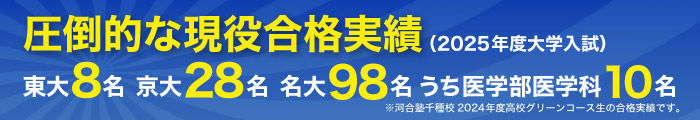 圧倒的な現役合格実績（2025年度大学入試）東大8名 京大28名 名大98名 うち医学部医学科10名 ※河合塾千種校2024年度高校グリーンコース生の合格実績です。