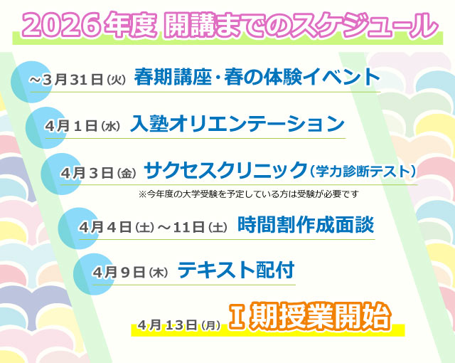 2026年度 開講までのスケジュール ～3/31:春期講座・春の体験イベント, 4/1:入塾オリエンテーション 4/3:サクセスクリニック（学力診断テスト）, 4/4～11:時間割面談, 4/9:テキスト配付,  4/13:１期授業開始