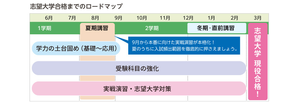 志望大学合格までのロードマップ 6月-7月1学期 学力の土台固め（基礎～応用）、受験科目の強化、実戦演習・志望大学対策 7月-9月夏期講習 9月から本番に向けた実戦演習が本格化！夏のうちに入試頻出範囲を徹底的に押さえましょう。 9月-12月2学期 12月−2月冬期・直前講習 3月志望大学現役合格！