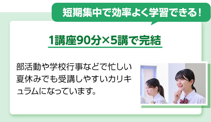短期集中で効率よく学習できる！ 1講座90分×5講で完結 部活動や学校行事などで忙しい夏休みでも受講しやすいカリキュラムになっています。