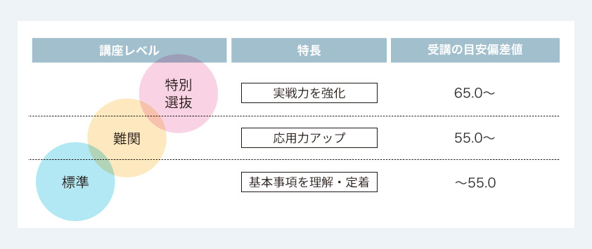 講座レベル：特別選抜、特長：実戦力を強化、受講の目安偏差値：65.0～ 講座レベル：難関、特長：応用力アップ、受講の目安偏差値：55.0～ 講座レベル：標準、特長：基本事項を理解・定着、受講の目安偏差値：～55.0