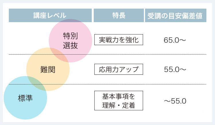 講座レベル：特別選抜、特長：実戦力を強化、受講の目安偏差値：65.0～ 講座レベル：難関、特長：応用力アップ、受講の目安偏差値：55.0～ 講座レベル：標準、特長：基本事項を理解・定着、受講の目安偏差値：～55.0