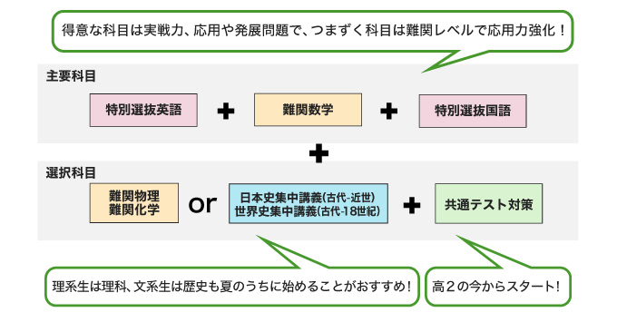 主要科目 特別選抜英語＋難関数学＋特別選抜国語 得意な科目は実戦力、応用や発展問題でつまずく科目は難関レベルで応用力強化！ 選択科目 難関物理 難関化学 or 日本史集中講義（古代ー近世） 世界史集中講義（古代ー18世紀）＋共通テスト対策 理系生は理科、文系生は歴史も夏のうちに始めることがおすすめ！ 高2の今からスタート！
