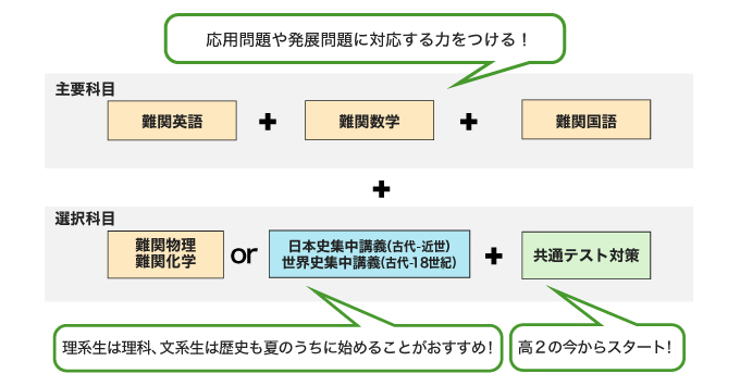 主要科目 難関英語＋難関数学＋難関国語 応用問題や発展問題に対応する力をつける！ 選択科目 難関物理 難関化学 or 日本史集中講義（古代ー近世） 世界史集中講義（古代ー18世紀）＋共通テスト対策 理系生は理科、文系生は歴史も夏のうちに始めることがおすすめ！ 高2の今からスタート！
