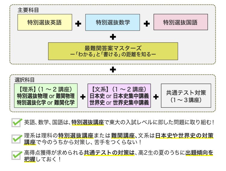 [特別選抜英語＋特別選抜数学＋特別選抜国語]＋最難関答案マスターズー「わかる」と「書ける」の距離を知るー＋【理系】（1～2講座）特別選抜物理or難関物理 特別選抜化学or難関化学 ＋ 【文系】（1～2講座）日本史or日本史集中講義 世界史or世界史集中講義 ＋共通テスト対策（1～3講座）、英語、数学、国語は、特別選抜講座で東大の入試レベルに即した問題に取り組む！、理系は理科の特別選抜講座または難関講座、文系は日本史や世界史の対策講座で今のうちから対策し、苦手をつくらない！、高得点獲得が求められる共通テストの対策は、高2生の夏のうちに出題傾向を把握しておく！