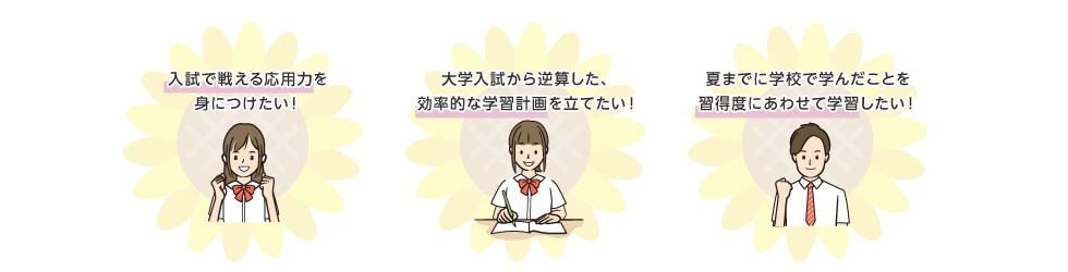・入試で戦える応用力を身につけたい！ ・大学入試から逆算した、効率的な学習計画を立てたい！ ・夏までに学校で学んだことを習得度にあわせて学習したい！