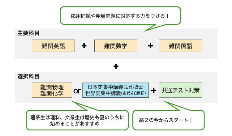主要科目 難関英語＋難関数学＋難関国語 応用問題や発展問題に対応する力をつける！ 選択科目 難関物理 難関化学 or 日本史集中講義（古代ー近世） 世界史集中講義（古代ー18世紀）＋共通テスト対策 理系生は理科、文系生は歴史も夏のうちに始めることがおすすめ！ 高2の今からスタート！