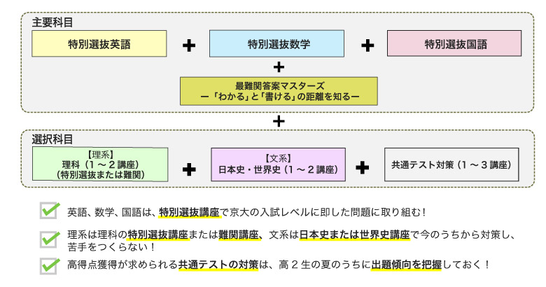 [特別選抜英語＋特別選抜数学＋特別選抜国語]＋最難関答案マスターズー「わかる」と「書ける」の距離を知るー＋【理系】（1～2講座）特別選抜物理or難関物理 特別選抜化学or難関化学 ＋ 【文系】（1～2講座）日本史or日本史集中講義 世界史or世界史集中講義 ＋共通テスト対策（1～3講座）、英語、数学、国語は、特別選抜講座で京大の入試レベルに即した問題に取り組む！、理系は理科の特別選抜講座または難関講座、文系は日本史や世界史の対策講座で今のうちから対策し、苦手をつくらない！、高得点獲得が求められる共通テストの対策は、高2生の夏のうちに出題傾向を把握しておく！