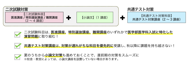 二次試験対策［【二次試験科目】医進講座/特別選抜講座/難関講座（2～4講座）＋【小論文】（1講座）］＋共通テスト対策【共通テスト対策科目】共通テスト対策講座（2～3講座）、二次試験科目は、医進講座、特別選抜講座、難関講座のいずれかで医学部医学科入試に特化した演習問題に取り組む！、共通テスト対策講座は、対策が遅れがちな科目を優先的に受講し、秋以降に課題を持ち越さない！、夏のうちから小論文対策も進めておくことで、直前期の対策をスムーズに※校舎・教室によっては、小論文講座を設置していない場合があります。