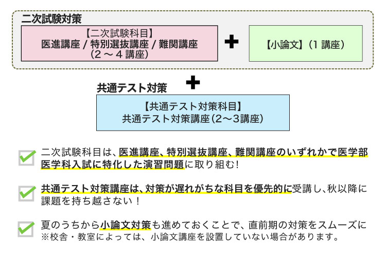 二次試験対策［【二次試験科目】医進講座/特別選抜講座/難関講座（2～4講座）＋【小論文】（1講座）］＋共通テスト対策【共通テスト対策科目】共通テスト対策講座（2～3講座）、二次試験科目は、医進講座、特別選抜講座、難関講座のいずれかで医学部医学科入試に特化した演習問題に取り組む！、共通テスト対策講座は、対策が遅れがちな科目を優先的に受講し、秋以降に課題を持ち越さない！、夏のうちから小論文対策も進めておくことで、直前期の対策をスムーズに※校舎・教室によっては、小論文講座を設置していない場合があります。