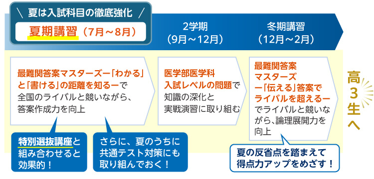 夏は入試科目の徹底強化 夏期講習（7月～8月） 最難関答案マスターズー「わかる」と「書ける」の距離を知るーで全国のライバルと競いながら、答案作成力を向上 特別選抜講座と組み合わせると効果的！ さらに、夏のうちに共通テスト対策にも取り組んでおく！ 2学期（9月～12月） 医学部医学科入試レベルの問題で知識の深化と実戦演習に取り組む 冬期講習（12月～2月） 最難関答案マスターズー「伝える」答案でライバルを超えるーでライバルと競いながら、論理展開力を向上 夏の反省点を踏まえて得点力アップをめざす！ 高3生へ