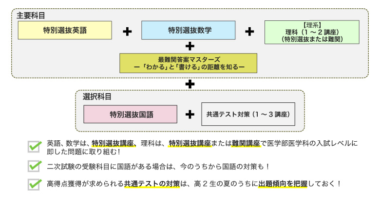 主要科目[特別選抜英語＋特別選抜数学＋特別選抜国語＋【理系】理科（1～2講座）（特別選抜または難関）＋最難関答案マスターズー「わかる」と「書ける」の距離を知るー]＋選択科目[特別選抜国語＋共通テスト対策（1～3講座）]、英語、数学は、特別選抜講座で医学部医学科の入試レベルに即した問題に取り組む！、二次試験の受験科目に国語がある場合は、今のうちから国語の対策も！、高得点獲得が求められる共通テストの対策は、高2生の夏のうちに出題傾向を把握しておく！