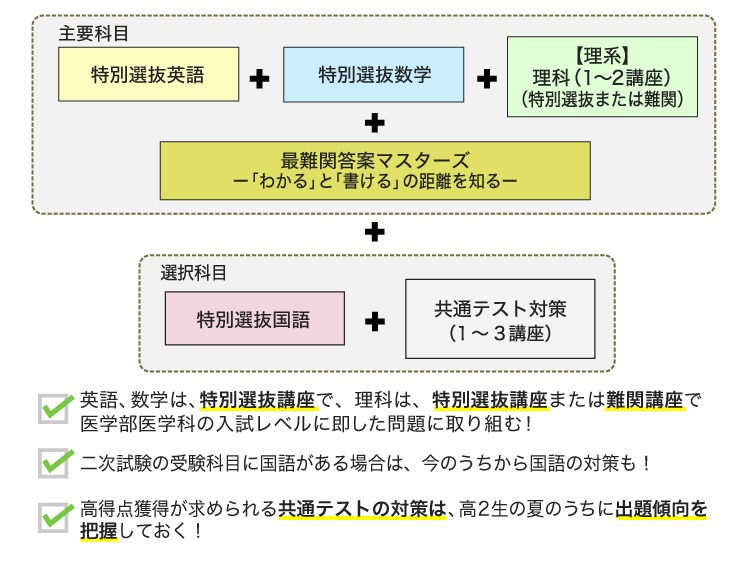 主要科目[特別選抜英語＋特別選抜数学＋特別選抜国語＋【理系】理科（1～2講座）（特別選抜または難関）＋最難関答案マスターズー「わかる」と「書ける」の距離を知るー]＋選択科目[特別選抜国語＋共通テスト対策（1～3講座）]、英語、数学は、特別選抜講座で医学部医学科の入試レベルに即した問題に取り組む！、二次試験の受験科目に国語がある場合は、今のうちから国語の対策も！、高得点獲得が求められる共通テストの対策は、高2生の夏のうちに出題傾向を把握しておく！
