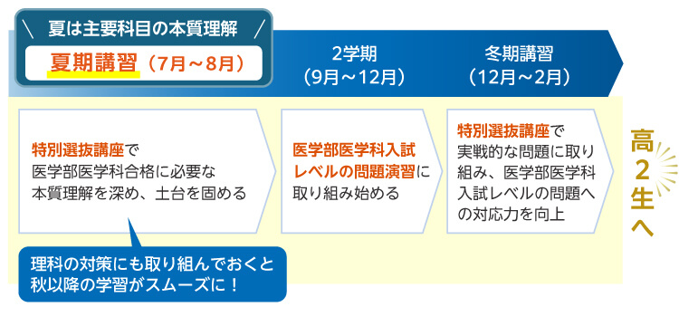夏は主要科目の本質理解 夏期講習（7月～8月） 特別選抜講座で医学部医学科合格に必要な本質理解を深め、土台を固める 理科の対策にも取り組んでおくと秋以降の学習がスムーズに！ 2学期（9月～12月） 医学部医学科入試レベルの問題演習に取り組み始める 冬期講習（12月～2月） 特別選抜講座で実戦的な問題に取り組み、医学部医学科入試レベルの問題への対応力を向上 高2生へ