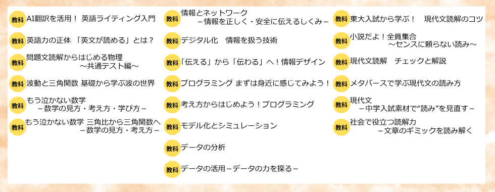 AI翻訳を活用！　英語ライティング入門 情報とネットワーク－情報を正しく・安全に伝えるしくみ－ 東大入試から学ぶ！　現代文読解のコツ 英語力の正体「英文が読める」とは？ デジタル化 情報を扱う技術 小説だよ！全員集合〜センスに頼らない読み〜 問題文読解からはじめる物理〜共通テスト編〜 「伝える」から「伝わる」へ！　情報デザイン 現代文読解　チェックと解説 波動と三角関数 基礎から学ぶ波の世界 プログラミング まずは身近に感じてみよう！ メタバースで学ぶ現代文の読み方 もう泣かない数学－数学の見方・考え方・学び方－ 考え方からはじめよう！プログラミング 現代文　－中学入試素材で“読み”を見直す－ もう泣かない数学 三角比から三角関数へ－数学の見方・考え方－ モデル化とシミュレーション 社会で役立つ読解力－文章のギミックを読み解く データの分析 データの活用－データの力を探る－