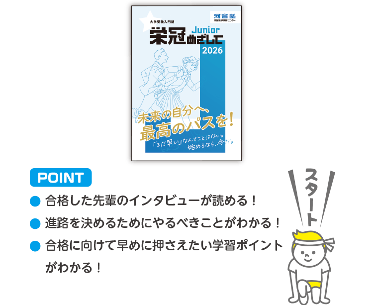 POINT ・合格した先輩のインタビューが読める！・進路を決めるためにやるべきことがわかる！・合格に向けて早めに押さえたい学習ポイントがわかる！