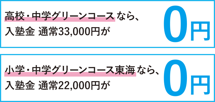 高校・中学グリーンコースなら、入塾金 通常33,000円が0円。小学・中学グリーンコース東海なら、入塾金 通常22,000円が0円。
