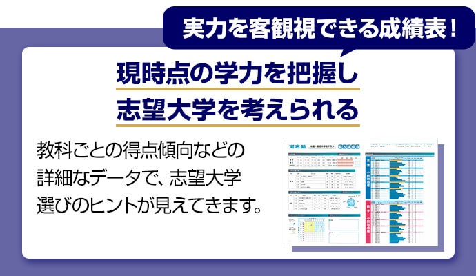 実力を客観視できる成績表！ 現時点の学力を把握し志望大学を考えられる 教科ごとの得点傾向などの詳細なデータで、志望大学選びのヒントが見えてきます。