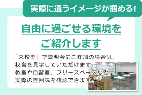 実際に通うイメージが掴める！自由に過ごせる環境を ご紹介します　「来校型」で説明会にご参加の場合は、 校舎を見学していただけます。 教室や自習室、フリースペースなど、 実際の雰囲気を確認できます。