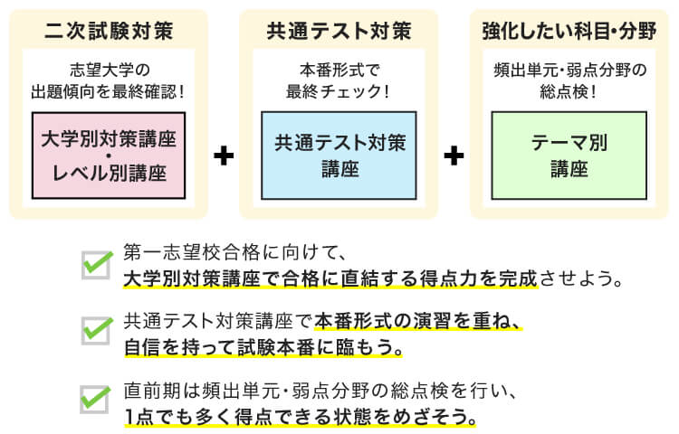 二次試験対策 志望大学の出題傾向を最終確認！ 大学別対策講座・レベル別講座 第一志望校合格に向けて、大学別対策講座で合格に直結する得点力を完成させよう。 ＋ 共通テスト対策 本番形式で最終チェック！ 共通テスト対策講座 共通テスト対策講座で、本番形式の演習を重ね、自信を持って試験本番に臨もう。 ＋ 強化したい科目・分野 頻出単元・弱点分野の総点検！ テーマ別講座 直前期は頻出単元・弱点分野の総点検を行い、1点でも多く得点できる状態をめざそう。