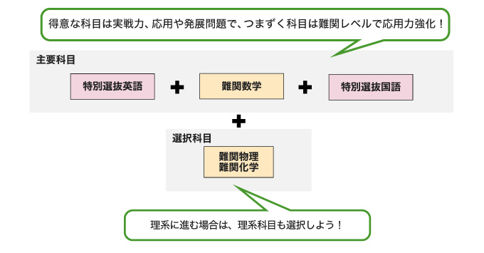 主要科目 特別選抜英語＋難関数学＋特別選抜国語 得意な科目は実戦力、応用や発展問題で、つまずく科目は難関レベルで応用力強化！  ＋ 選択科目 難関物理 難関化学 理系に進む場合は、理系科目も選択しよう！