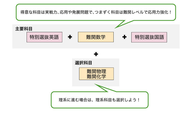 主要科目 特別選抜英語＋難関数学＋特別選抜国語 得意な科目は実戦力、応用や発展問題で、つまずく科目は難関レベルで応用力強化！  ＋ 選択科目 難関物理 難関化学 理系に進む場合は、理系科目も選択しよう！