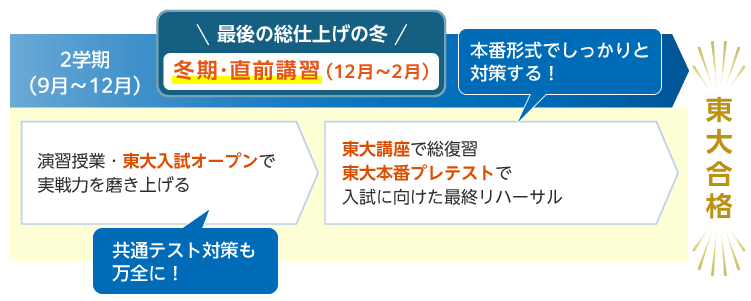 2学期（9月～12月） 演習授業・東大入試オープンで実戦力を磨き上げる 共通テスト対策も万全に！ 最後の総仕上げの冬 冬期・直前講習（12月～2月） 東大講座で総復習 東大本番プレテストで入試に向けた最終リハーサル 本番形式でしっかりと対策する！ 東大合格