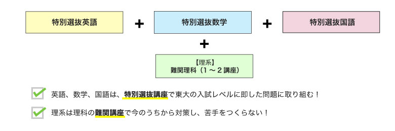 特別選抜英語 ＋ 特別選抜数学 ＋ 特別選抜国語 ＋ 【理系】難関理科（1〜2講座） ・英語、数学、国語は、特別選抜講座で東大の入試レベルに即した問題に取り組む！ ・理系は理科の難関講座で今のうちから対策し、苦手をつくらない！