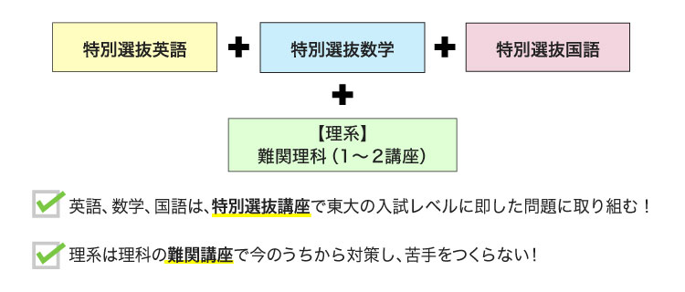 特別選抜英語 ＋ 特別選抜数学 ＋ 特別選抜国語 ＋ 【理系】難関理科（1〜2講座） ・英語、数学、国語は、特別選抜講座で東大の入試レベルに即した問題に取り組む！ ・理系は理科の難関講座で今のうちから対策し、苦手をつくらない！