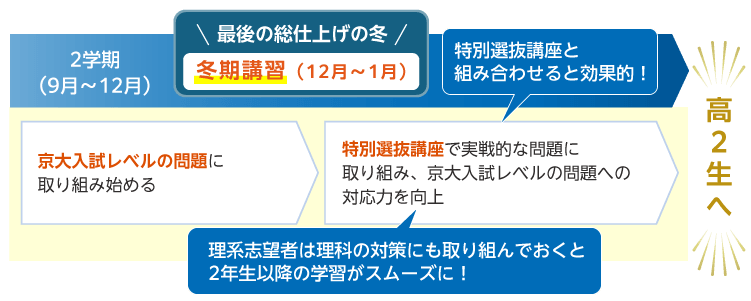2学期（9月～12月） 京大入試レベルの問題に取り組み始める 最後の総仕上げの冬 冬期講習（12月～1月） 特別選抜講座で実戦的な問題に取り組み、京大入試レベルの問題への対応力を向上 特別選抜講座と組み合わせると効果的！ 理系志望者は理科の対策にも取り組んでおくと2年生以降の学習がスムーズに！ 高2生へ