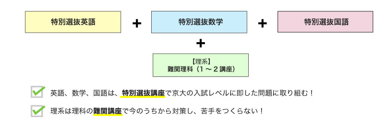 特別選抜英語 ＋ 特別選抜数学 ＋ 特別選抜国語 ＋ 【理系】難関理科（1〜2講座） ・英語、数学、国語は、特別選抜講座で京大の入試レベルに即した問題に取り組む！ ・理系は理科の難関講座で今のうちから対策し、苦手をつくらない！