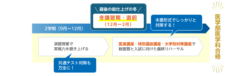 2学期（9月～12月） 演習授業で実戦力を磨き上げる 共通テスト対策も万全に！ 最後の総仕上げの冬 冬期・直前講習（12月～2月） 医進講座・特別選抜講座・大学別対策講座で総復習と入試に向けた最終リハーサル 本番形式でしっかりと対策する！ 医学部医学科合格