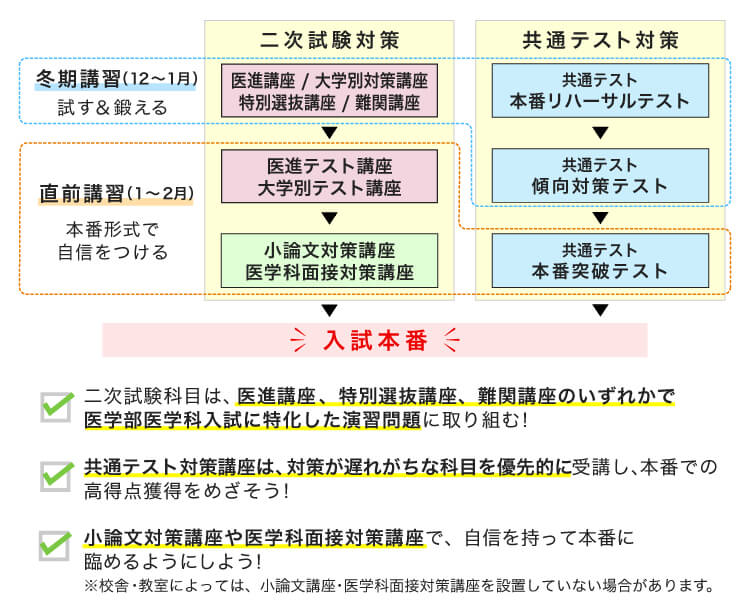 冬期講習（12月〜1月）試す＆鍛える 直前講習（1月〜2月）本番形式で自信をつける 二次試験対策 医進講座／大学別対策講座、特別選抜講座／難関講座 医進テスト講座、大学別テスト講座 小論文対策講座、医学科面接対策講座 共通テスト対策 共通テスト本番リハーサルテスト 共通テスト傾向対策テスト 共通テスト本番突破テスト 入試本番 ・二次試験科目は、医進講座、特別選抜講座、難関講座のいずれかで医学部医学科入試に特化した演習問題に取り組む！ ・共通テスト対策講座は、対策が遅れがちな科目を優先的に受講し、本番での高得点獲得をめざそう！ ・小論文対策講座や医学科面接対策講座で、自信を持って本番に臨めるようにしよう！ ※校舎・教室によっては、小論文対策講座・医学科面接対策講座を設置していない場合があります。
