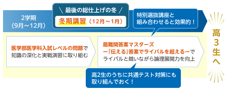 2学期（9月～12月） 医学部医学科入試レベルの問題で知識の深化と実戦演習に取り組む 最後の総仕上げの冬 冬期講習（12月～1月） 最難関答案マスターズー「伝える」答案でライバルを超えるーでライバルと競いながら論理展開力を向上 特別選抜講座と組み合わせると効果的！ 高2生のうちに共通テスト対策にも取り組んでおく！ 高3生へ