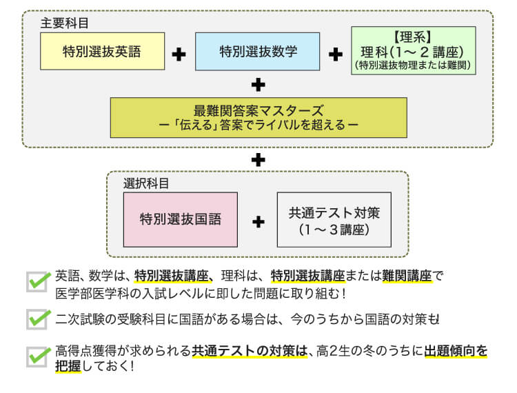 主要科目 特別選抜英語 ＋ 特別選抜数学 ＋ 【理系】理科（1〜2講座）（特別選抜物理または難関） ＋ 最難関答案マスターズー「伝える」答案でライバルを超えるー ＋ 選択科目 特別選抜国語 ＋ 共通テスト対策（1〜3講座） ・英語、数学は、特別選抜講座、理科は、特別選抜講座または難関講座で医学部医学科の入試レベルに即した問題に取り組む！ ・二次試験の受験科目に国語がある場合は、今のうちから国語の対策も！ ・高得点獲得が求められる共通テストの対策は、高2生の冬のうちに出題傾向を把握しておく！