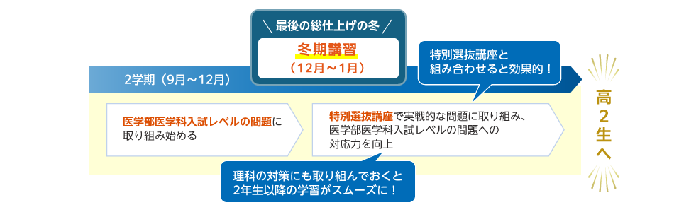 2学期（9月～12月） 医学部医学科入試レベルの問題に取り組み始める 最後の総仕上げの冬 冬期講習（12月～1月） 特別選抜講座で実戦的な問題に取り組み、医学部医学科入試レベルの問題への対応力を向上 特別選抜講座と組み合わせると効果的！ 理科の対策にも取り組んでおくと2年生以降の学習がスムーズに！ 高2生へ
