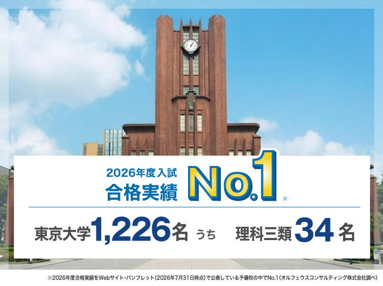 2026年度入試合格実績No.1※ 東京大学1,226名うち理科三類34名 ※2026年度合格実績をWebサイト・パンフレット（2026年7月31日時点）で公表している予備校の中でNo.1（オルフェウスコンサルティング株式会社調べ）