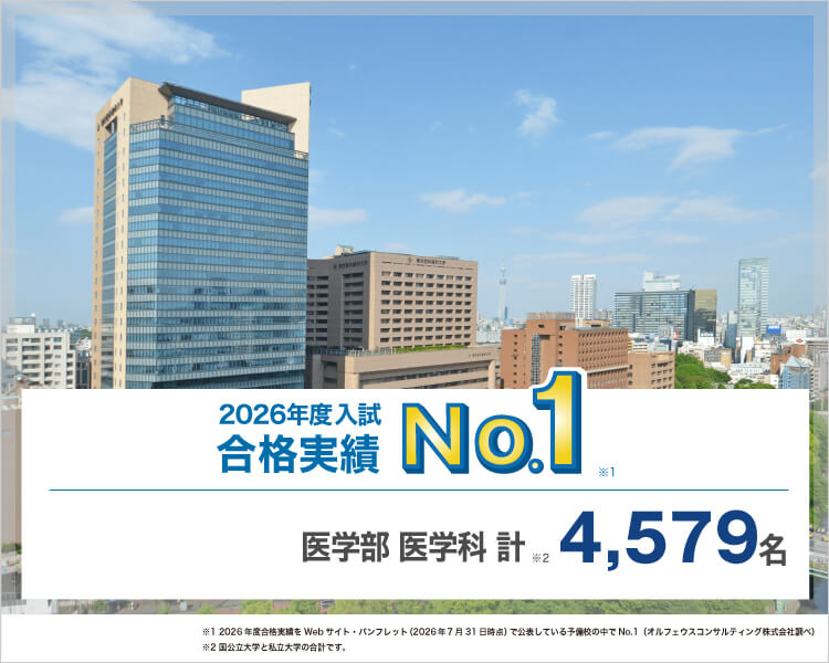 2026年度入試合格実績No.1※1 医学部医学科 計4,579名※2 ※1 2026年度合格実績をWebサイト・パンフレット（2026年7月31日時点）で公表している予備校の中でNo.1（オルフェウスコンサルティング株式会社調べ） ※2 国公立大学と私立大学の合計です。
