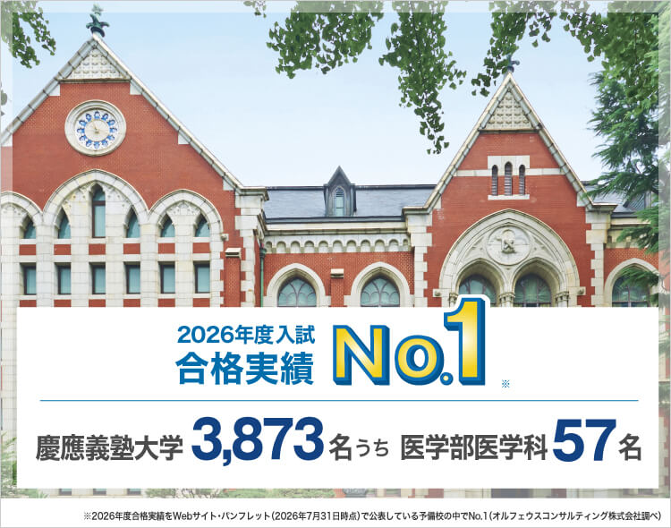 2026年度入試合格実績No.1※ 慶應義塾大学 3,873名うち医学部医学科57名 ※2026年度合格実績をWebサイト・パンフレット（2026年7月31日時点）で公表している予備校の中でNo.1（オルフェウスコンサルティング株式会社調べ）
