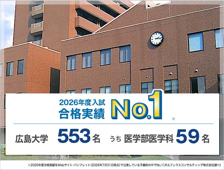 2026年度入試合格実績No.1※ 広島大学553名うち医学部医学科59名 ※2026年度合格実績をWebサイト・パンフレット（2026年7月31日時点）で公表している予備校の中でNo.1（オルフェウスコンサルティング株式会社調べ）