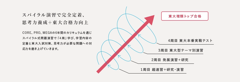 スパイラル演習で完全定着、思考力養成＋東大合格力向上 CORE、PRO、MEGAの6年間のカリキュラムを通じスパイラル式問題演習で「4周」学び、学習内容の定着と東大入試対策、思考力が必要な問題への対応力を磨き上げていきます。 1周目 超速習＋研究・演習 2周目 発展演習＋研究 3周目 東大型テーマ別演習 4周目 東大本番実戦テスト 東大理類トップ合格