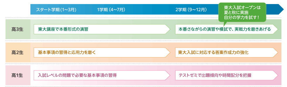 【高3生】スタート学期（1～3月）、1学期（4～7月）東大講座で本番形式の演習 2学期（9～12月）本番さながらの演習や模試で、実戦力を磨きあげる 東大入試オープンは夏と秋に実施 自分の学力を試す！【高2生】スタート学期（1～3月）、1学期（4～7月）基本事項の習得と応用力を磨く 2学期（9～12月） 東大入試に対応する答案作成力の強化　【高1生】スタート学期（1～3月）、1学期（4～7月）入試レベルの問題で必要な基本事項の習得 2学期（9～12月）テストゼミで出題傾向や時間配分を把握