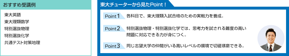 おすすめ受講例 東大英語 東大理類数学 特別選抜物理 特別選抜化学 共通テスト対策地理 東大チューターから見たPoint！ Point1 各科目で、東大理類入試合格のための実戦力を養成。 Point2 特別選抜物理・特別選抜化学では、思考力を試される難度の高い問題に対応できる力が身につく。 Point3 同じ志望大学の仲間がいる高いレベルの環境で切磋琢磨できる。
