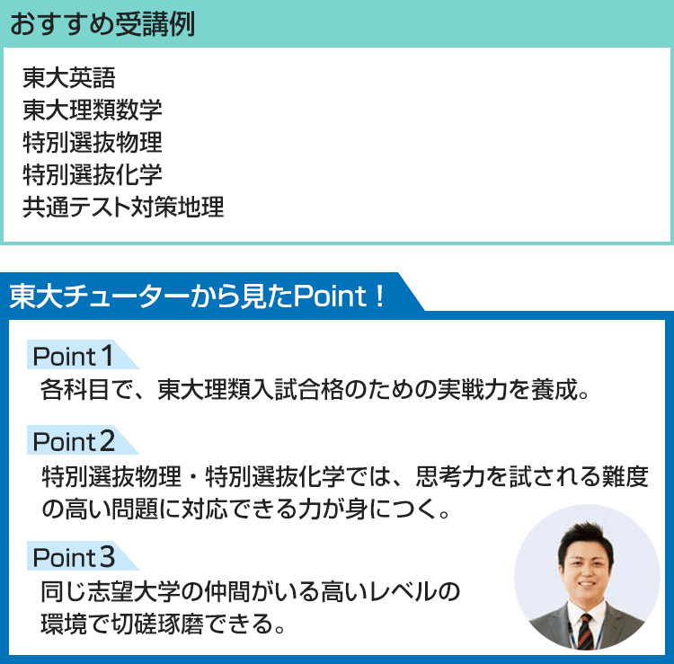 おすすめ受講例 東大英語 東大理類数学 特別選抜物理 特別選抜化学 共通テスト対策地理 東大チューターから見たPoint！ Point1 各科目で、東大理類入試合格のための実戦力を養成。 Point2 特別選抜物理・特別選抜化学では、思考力を試される難度の高い問題に対応できる力が身につく。 Point3 同じ志望大学の仲間がいる高いレベルの環境で切磋琢磨できる。