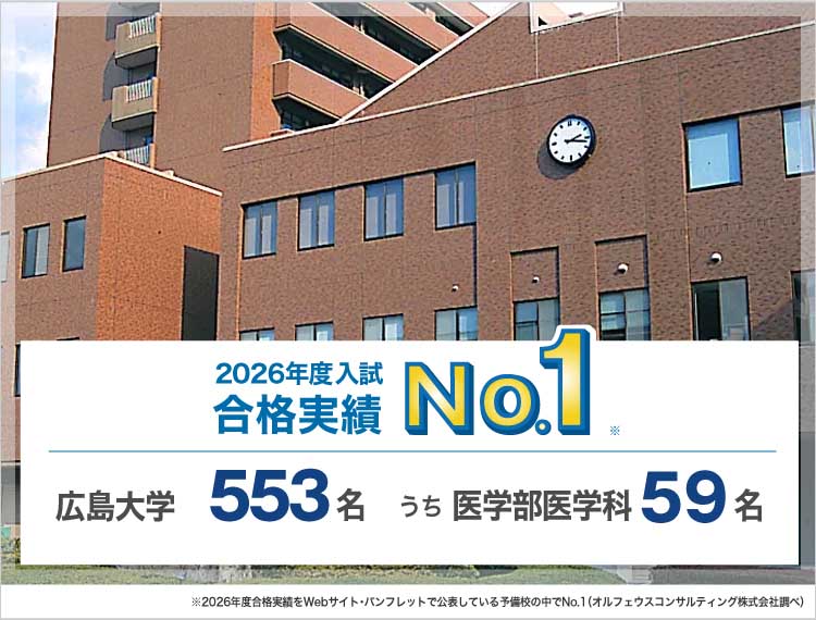 2026年度入試合格実績No.1※ 広島大学553名うち医学部医学科59名 ※2026年度合格実績をWebサイト・パンフレットで公表している予備校の中でNo.1（オルフェウスコンサルティング株式会社調べ）
