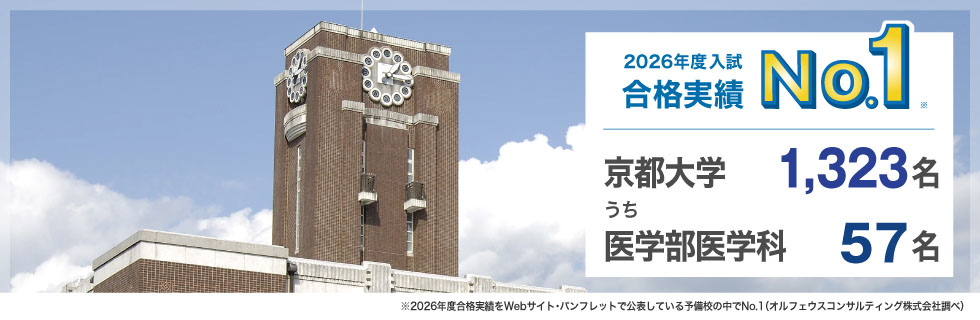 2026年度入試合格実績No.1※ 京都大学1,323名うち医学部医学科57名 ※2026年度合格実績をWebサイト・パンフレットで公表している予備校の中でNo.1（オルフェウスコンサルティング株式会社調べ）