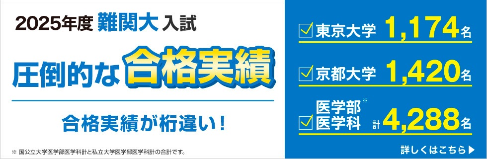 2025年度難関大入試 圧倒的な合格実績 合格実績が桁違い！ 東京大学 計1,174名 京都大学 計1,420名 医学部医学科 計4,288名（※） ※国公立大学医学部医学科計と私立大学医学部医学科計の合計です。 詳しくはこちら